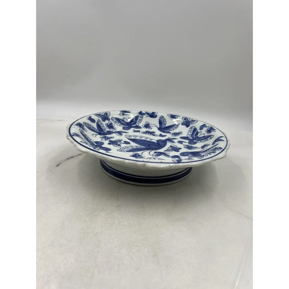 Vintage Pedestal Dish Scalloped Bowl Blue and White Butterfly Porcelain 9.5